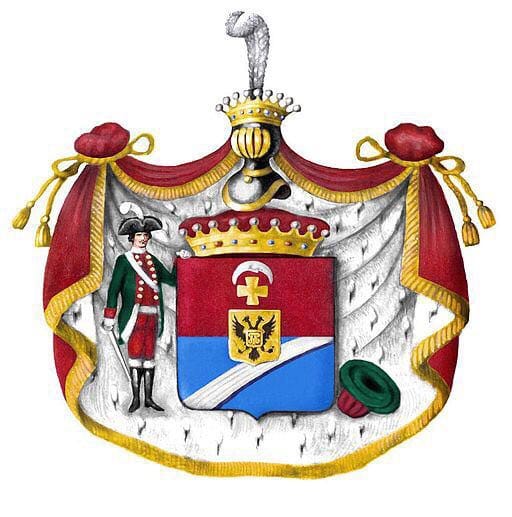 Герб с красно-синим щитом, графской короной, горностаевой мантией и воином в треуголке справа, рядом лежит зелёная чалма.