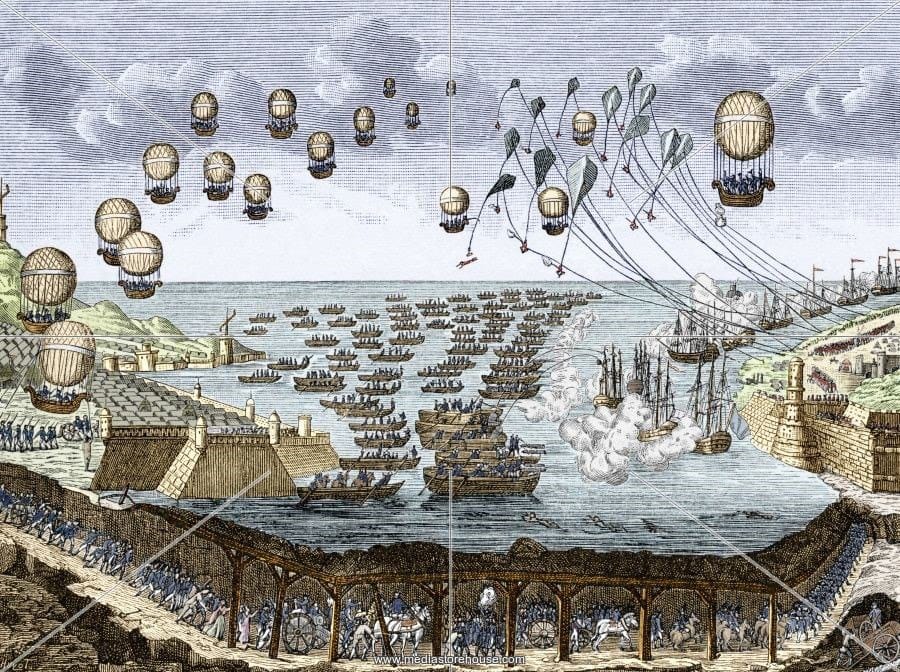 Французская иллюстрация 1804 года о вторжении Наполеона в Англию через туннель и по воздуху