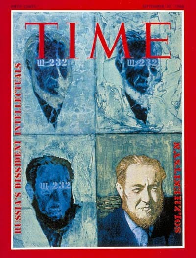 Красная рамка обложки Time: три синих портрета с номером Щ-232 и цветной портрет бородатого мужчины. Надписи: Russia's Dissident Intellectuals и Solzhenitsyn.