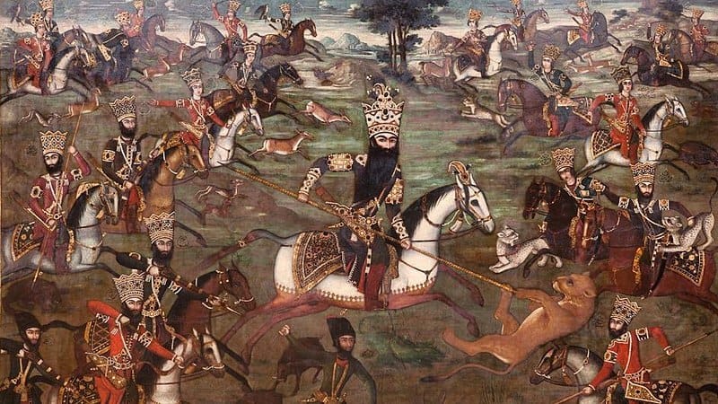На этой картине, подаренной Георгу IV, изображена сцена охоты Фетх Али-шаха в компании 22 сыновей