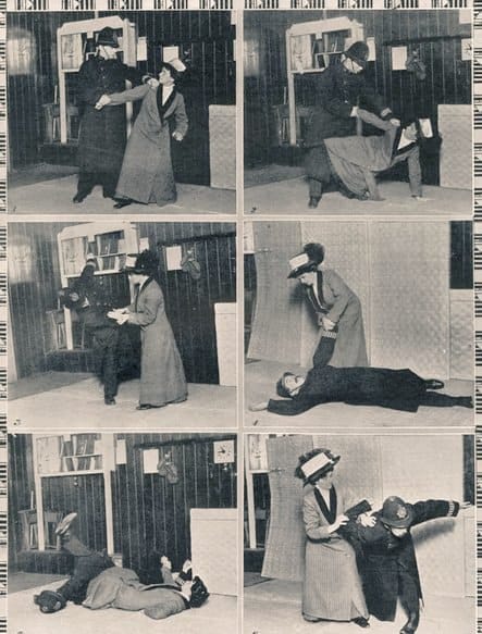 Шесть архивных фотографий: женщина в длинном пальто и шляпе проводит приёмы джиуджитсу против мужчины и полицейского.