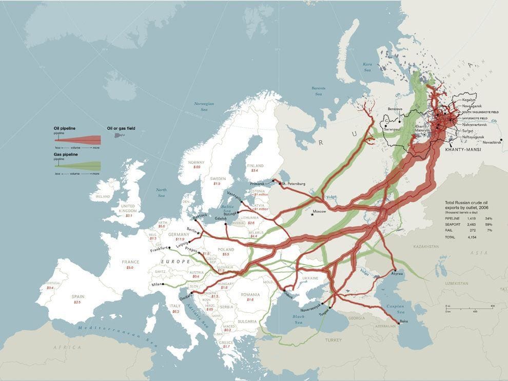 Карта, иллюстрирующая процентное количество газа, импортируемого странами Европы из России, довольно старая, еще 2006 года, на ней еще нет Нордстрима, но тем не менее она очень живописная