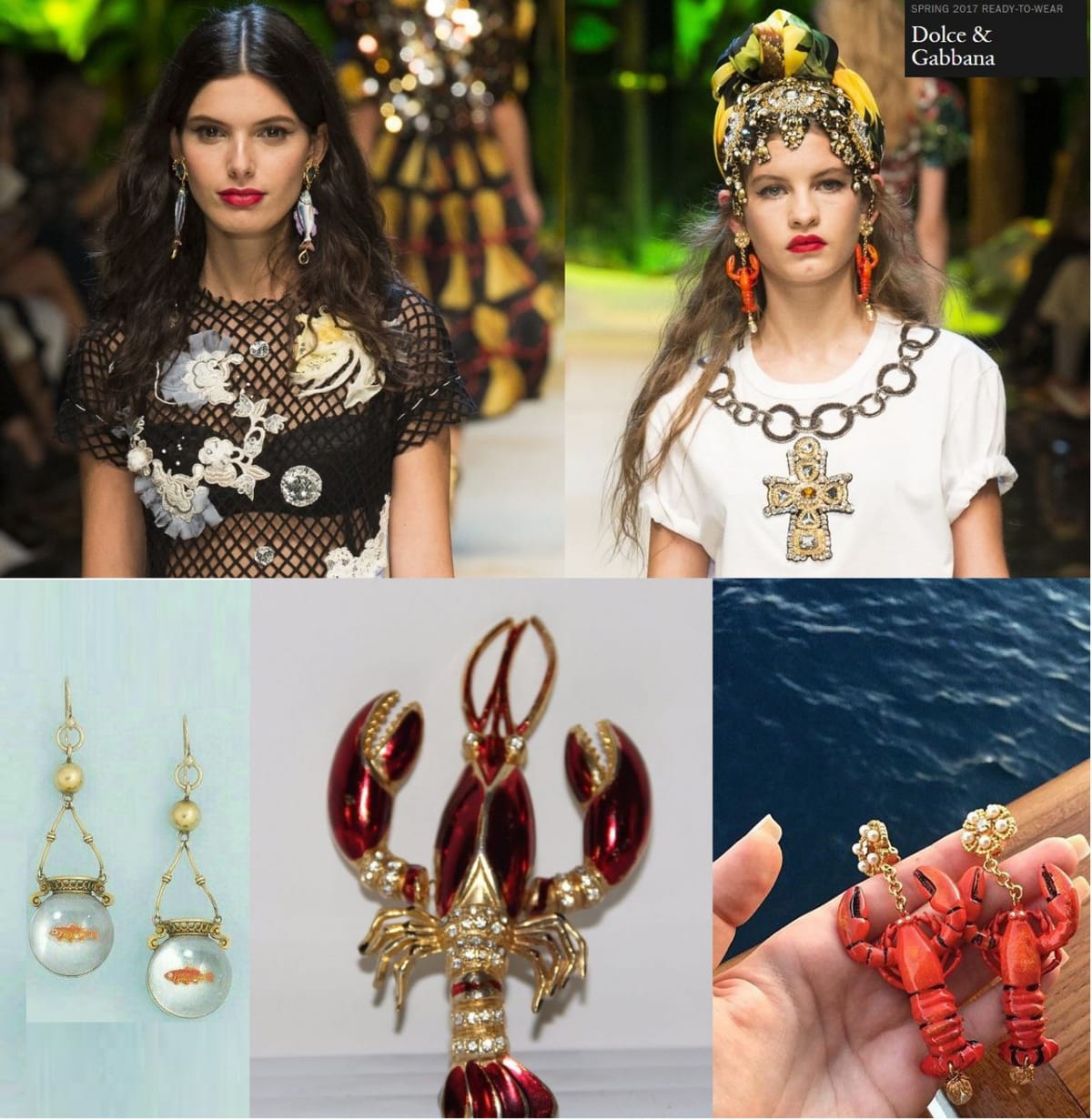 спасибо Vogue за хорошие снимки с показа Dolce & Gabbana, внизу: серьги с рыбами XIX века, брошь Скиапарелли и дольчегаббановские лобстеры в жизни