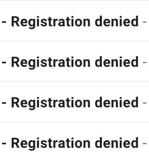 Четыре одинаковые строки с надписью Registration denied, разделённые тонкими линиями.
