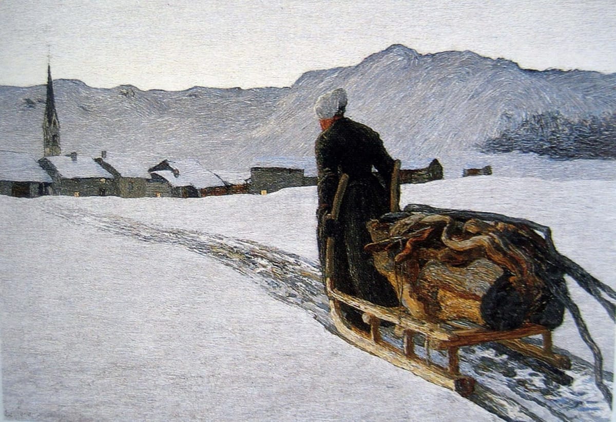 Крестьянка тянет дрова зимой