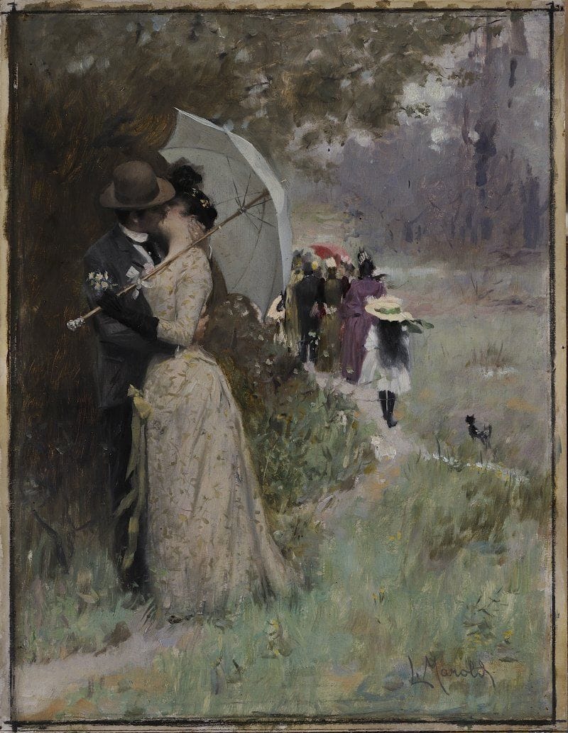Поцелуй под зонтиком, чешский художник Людек Марольд, 1895