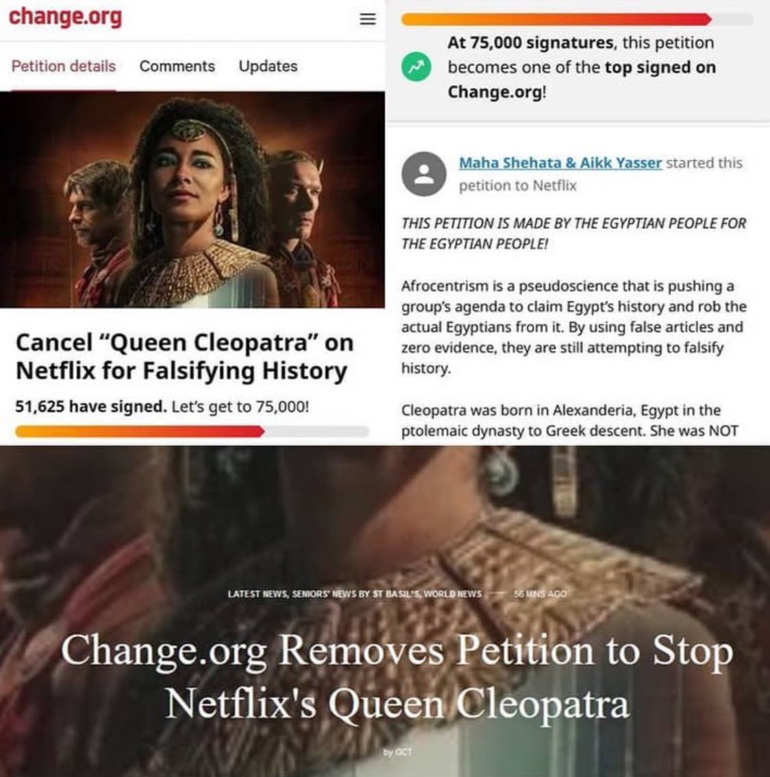 Коллаж из скриншотов: страница петиции на Change.org против шоу Netflix о Клеопатре и заголовок новости об удалении петиции.