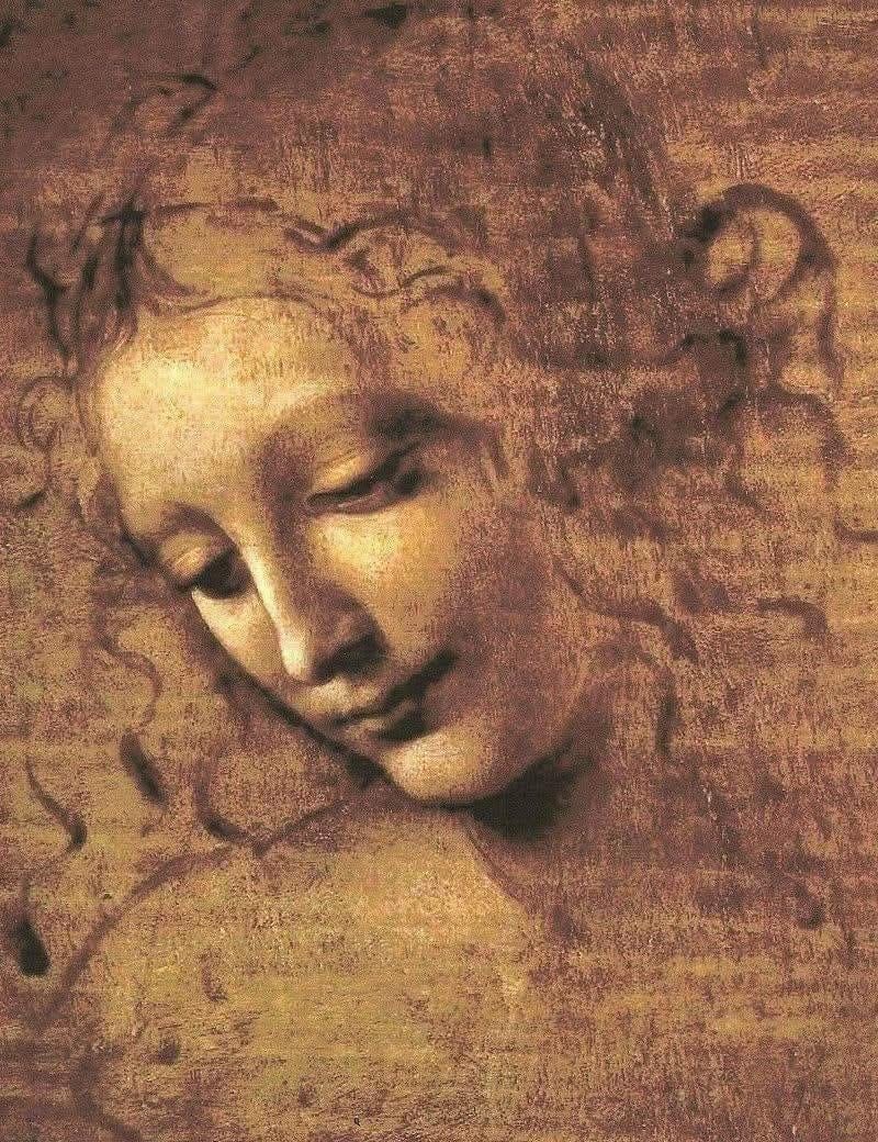 Рисунок в коричневых тонах: склонённая голова молодой женщины с опущенным взглядом и растрёпанными волнистыми волосами.