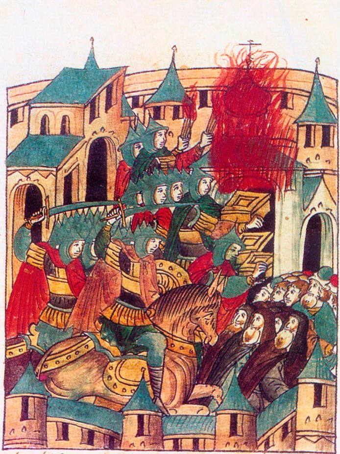 Разграбление Суздаля Батыем в 1238 году, миниатюра из летописи XVI века