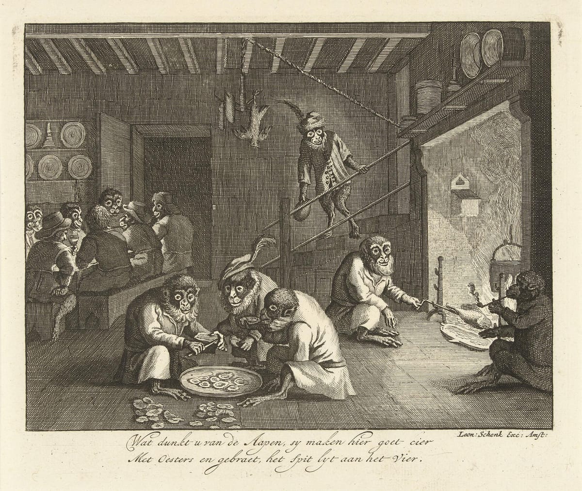 Обезьяны едят устриц в трактире, Леонард Шенк, 1720