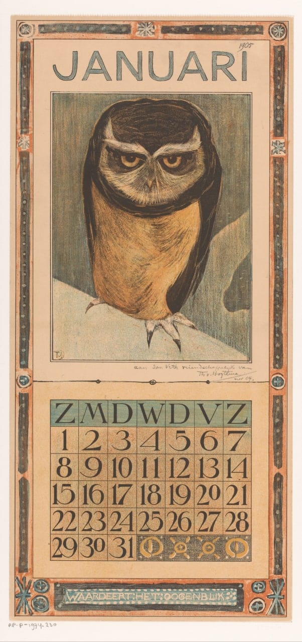 Январский календарь с совой, Тео ван Хойтема, 1904