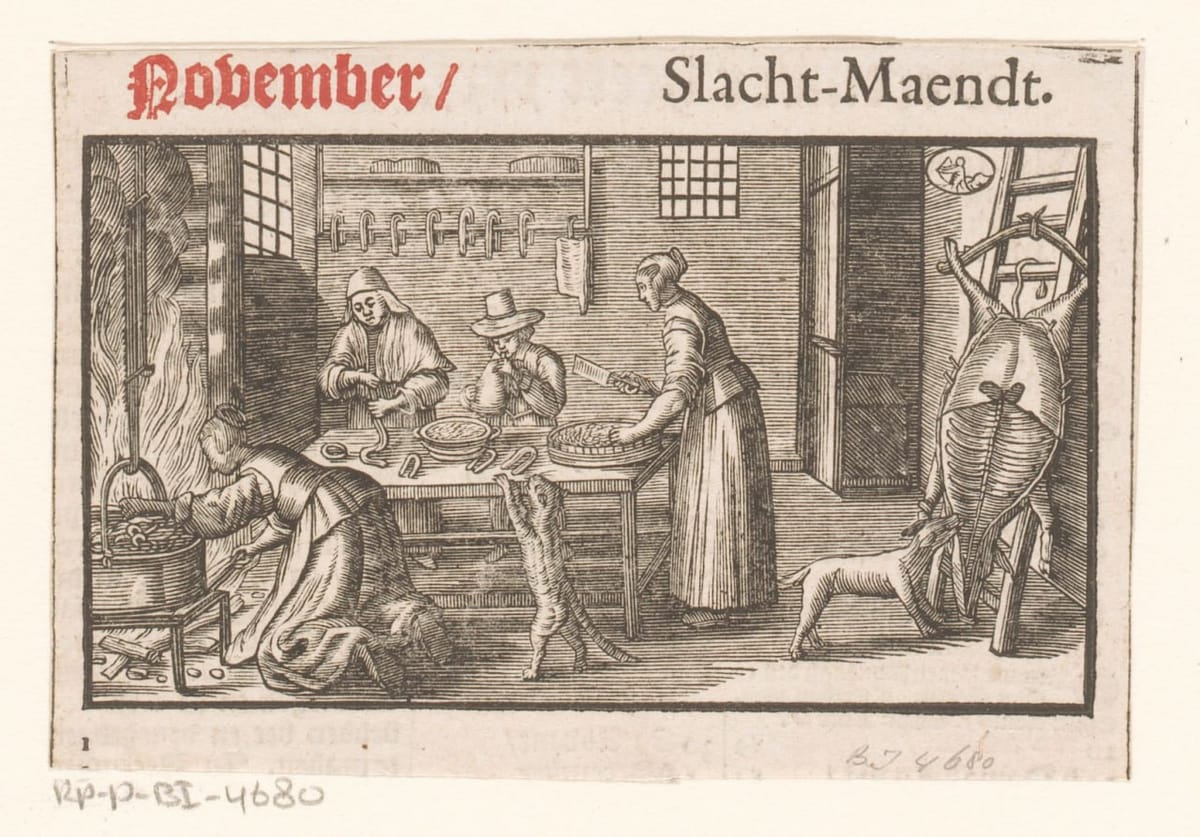 Изготовление сосисок, ксилография, 1664