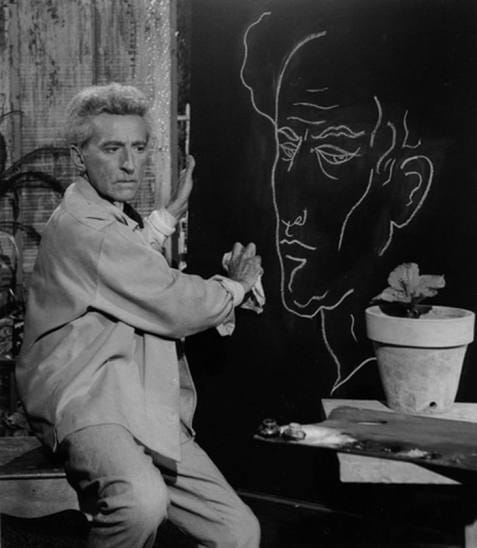 Жан Кокто с автопортретом Ницца, 1959