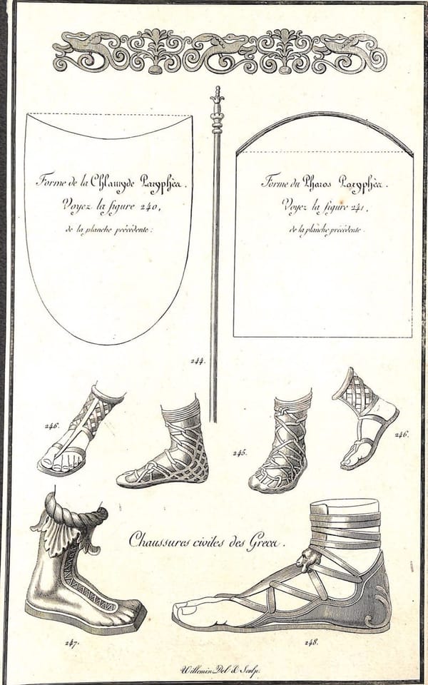 Гравюра с подписью «Chaussures civiles des Grecs»: схемы кроя хламиды и фароса и рисунки греческих сандалий со шнуровкой.