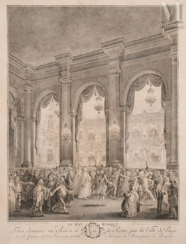 Гравюра бала-маскарада 23 января 1782 года, устроенного Людовиком XVI и Марией-Антуанеттой в честь рождения Людовика Жозефа, дофина Франции, старшего сына после 11 лет брака