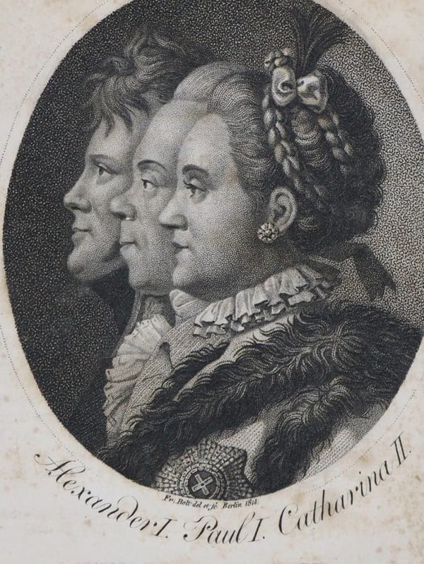 Гравюра в овале с профилями Александра I, Павла I и Екатерины II, Берлин, 1814 год.