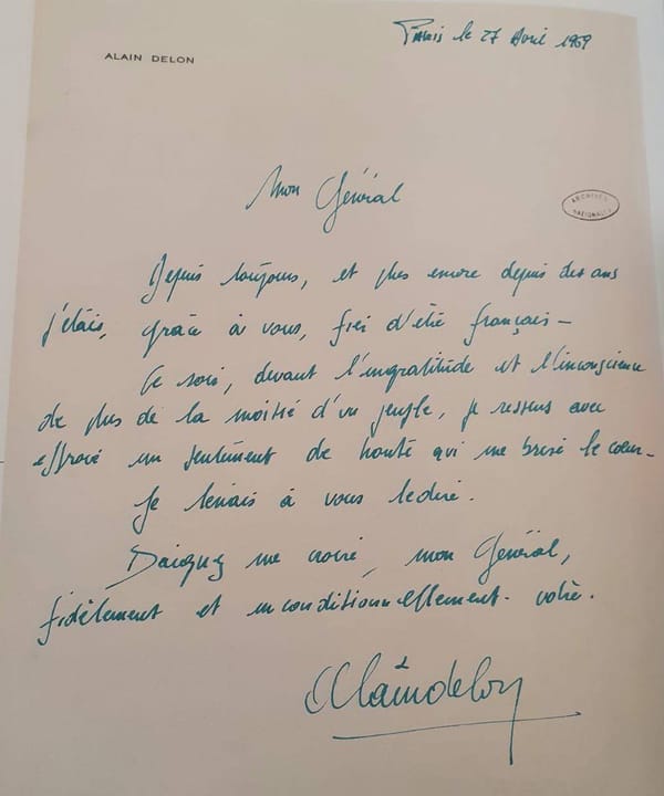 Письмо Алена Делона генералу Де Голлю, написанное за день до официального ухода Де Голля с поста президента Франции в 1969 году