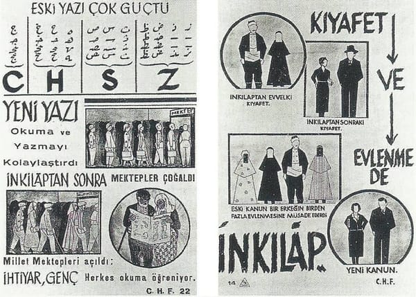 Турецкие плакаты 1930-х, продвигающие внедрение латинского алфавита