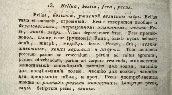 Если bellua - некий очень крупный зверь, то bestia - любое бессловесное неразумное животное, fera - дикий зверь, а pecus, ǒris - любые животные, содержащиеся людьми