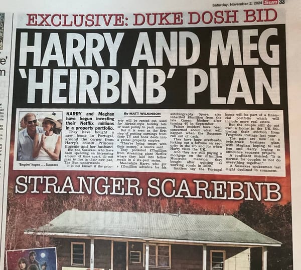 Кроме заголовков со смешными каламбурами heirbnb и scarebnb недавняя заметка в The Sun о покупке новой недвижимости в Португалии принцем Гарри и его во всех отношениях очаровательной американской супругой Маркл, предположительно, для сдачи…