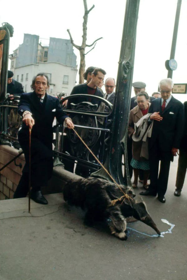 65-летний Сальвадор Дали выходит из подземного перехода парижской станции метро Бастий на рю де Льон с муравьедом