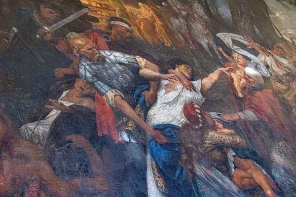 Фрагмент масляной живописи: бородатый воин в чешуйчатом доспехе тащит женщину в белой рубахе, справа тянутся плачущий младенец и люди в красных одеждах, слева воины с мечом.
