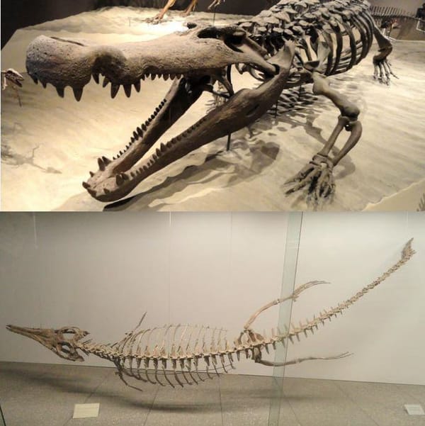 Гигантский Deinosuchus hatcheri и дельфиноподобный Metriorhynchus