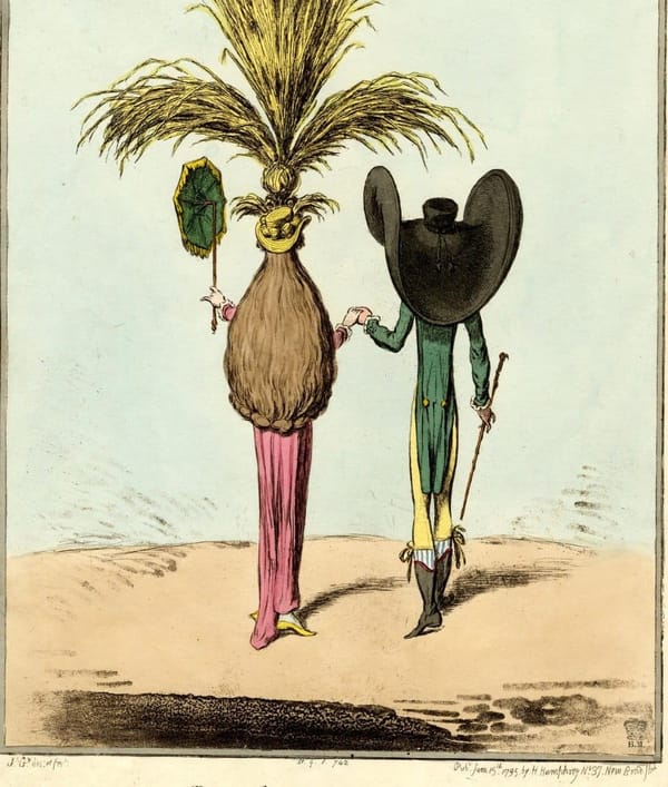 Картинка, конечно, про модные парасоли в Лондоне 1790-х, но шляпы здесь не менее выдающиеся