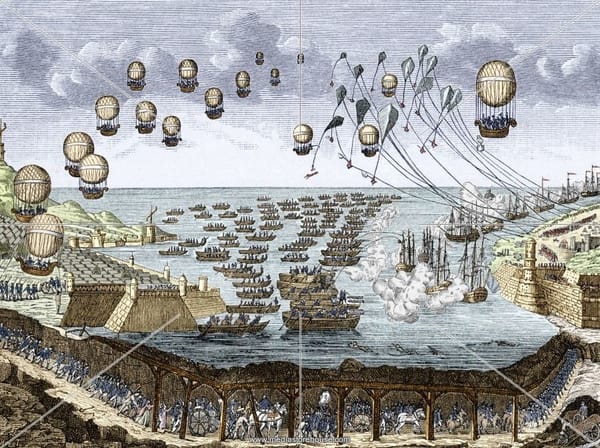 Французская иллюстрация 1804 года о вторжении Наполеона в Англию через туннель и по воздуху