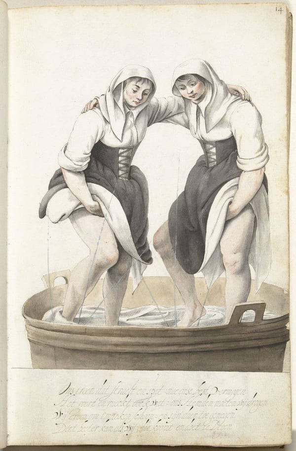 Прачки, 1652-53 гг., работа голландской акварелистки и поэтессы Джезины тер Борх, наиболее известной по трогательным и забавным зарисовкам сцен семейной жизни в альбомах