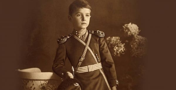 Сепия: мальчик в тёмной форме с эполетами, галунной перевязью и поясом стоит вполоборота, опираясь на вазу; рядом цветы хризантемы, в руке папаха.