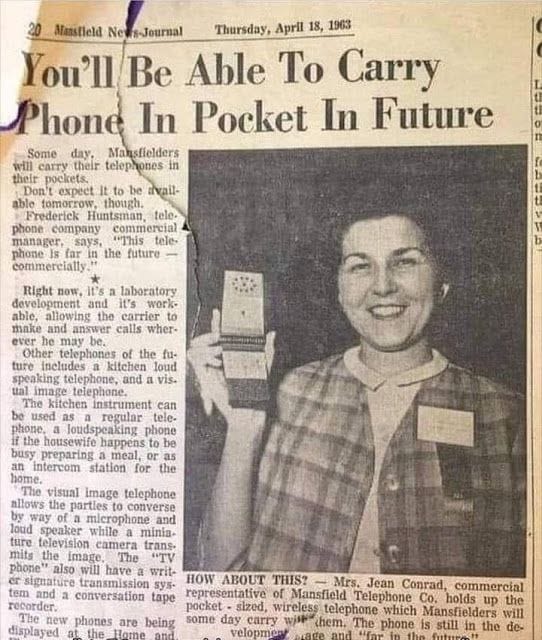 Вырезка из газеты от 18 апреля 1963 года с заголовком о карманном телефоне и фото женщины, держащей небольшой аппарат.
