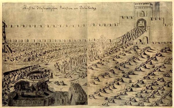 Бюджетники на праздновании вербного воскресенья, Москва, 1654