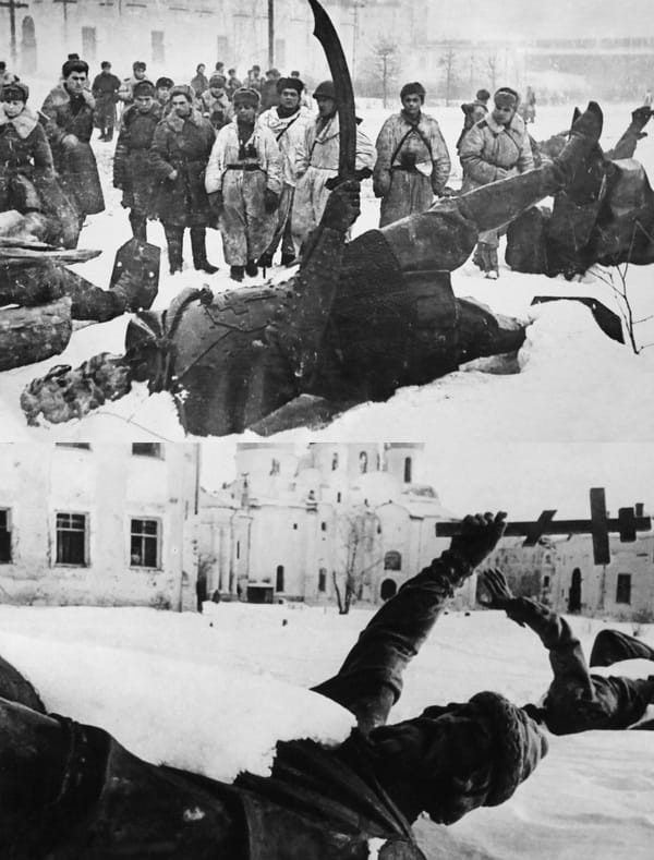 Фигуры из Тысячелетия России: первый Романов - князь Пожарский Михаил с обнаженным в защиту отечества мечом в окружении наших солдат и Владимир Святославич с воздетым к небу крестом лежит на снегу