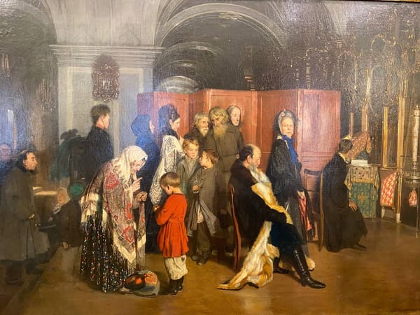 Картина Алексея Корзухина «Перед исповедью» 1876 года в Тверской галерее