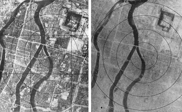 Вид на Хиросиму до и после атомной бомбардировки 6 августа 1945 года