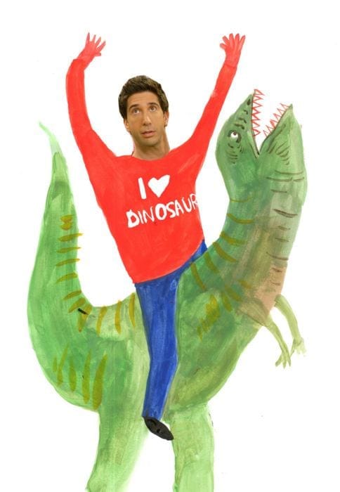 Мужчина с поднятыми руками в красном свитере с надписью I ♥ Dinosaur сидит верхом на нарисованном зелёном динозавре с раскрытой пастью. Коллаж из фото и гуаши.
