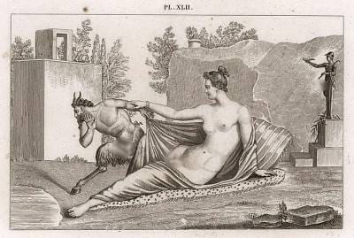 В Секретном кабинете Неаполитанского музея есть изображение фрески из Помпеев, где сатир подкрадывается к спящей нимфе и обнаруживает, что это гермафродит, тут же пытаясь в ужасе сбежать, но двуполый объект вожделения пытается удержать…