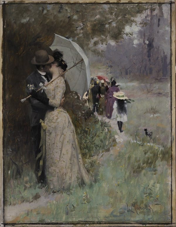 Поцелуй под зонтиком, чешский художник Людек Марольд, 1895