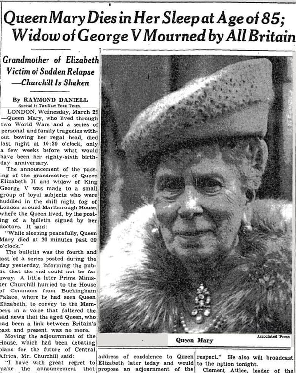 Королева Мария Текская умерла 24 марта 1953 года в результате той же процедуры, что и ее супруг, король Георг V, после введения транквилизаторов
