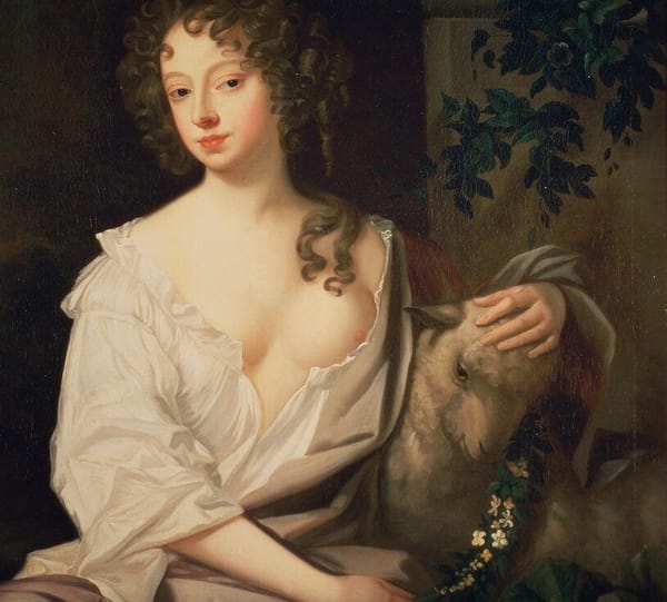Известная английская куртизанка актриса Нелл Гвин с оголенной грудью поглаживает барашка по голове, в 1670 году это был супер модный сюжет для портрета