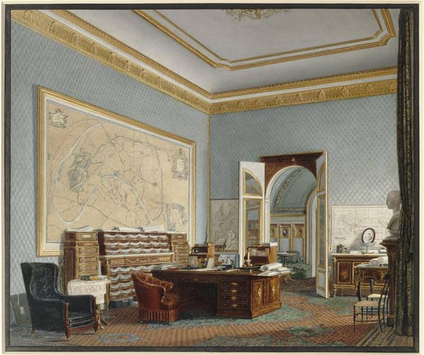 На стене кабинета Наполеона III - новый план Парижа, расширенного до 20 округов и переустроенного по поручению императора бароном Жоржем Эженом Османом (фамидия происходит от немецкой Хаусман) в 1860 году