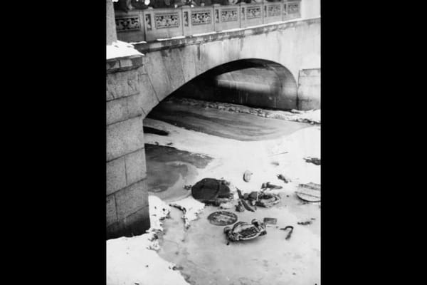 Царские эмблемы, выброшенные на лед Фонтанки, Петроград, 13 марта 1917