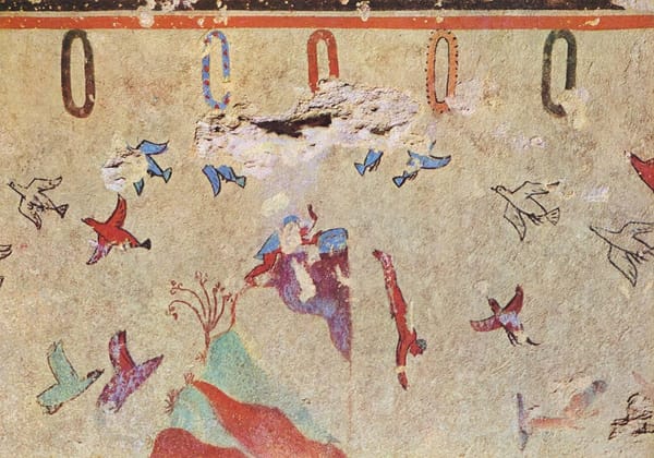 Ныряльщик на фреске этрусков в «Гробнице охоты и рыбной ловли» (Tomba della Caccia e della Pesca), VI век до н. э., Тарквиния