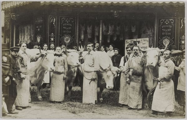 Показ коров перед мясной лавкой на Рю Сен-Марк в Париже, 1914 год