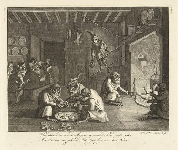 Обезьяны едят устриц в трактире, Леонард Шенк, 1720