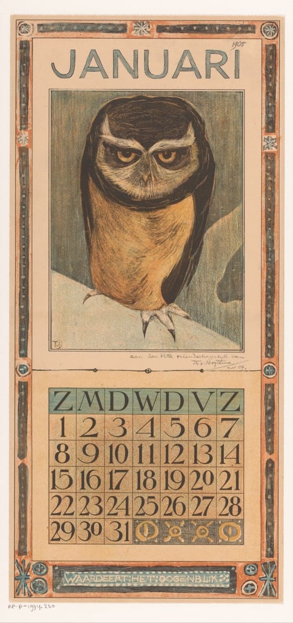 Январский календарь с совой, Тео ван Хойтема, 1904