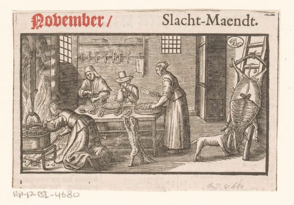 Изготовление сосисок, ксилография, 1664