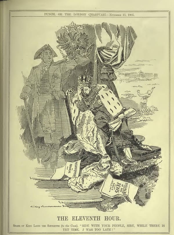 Людовик XVI напоминает царю Николаю II о гильотине в журнале Punch в ноябре 1905 года: подумайте о своем народе, сир, пока не поздно